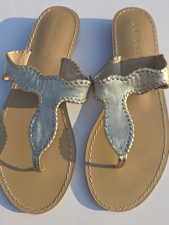 Jack Rogers Shoes - Jack Rogers Metallic Gold Leather Thong Sandals WhipStitch Vacation Resort 10